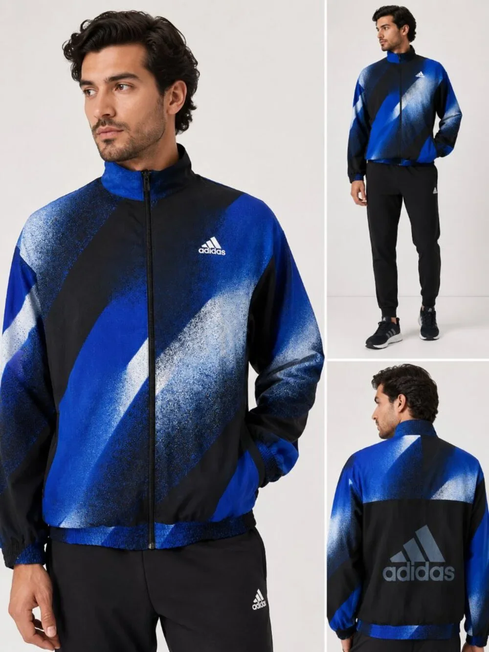 adidas Men’s M Blue Black Abstract Print Full Zip Track Jacket Logo